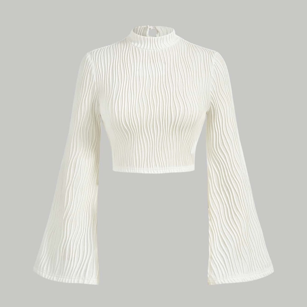 SHEIN Ivory Textured Mock Neck Keyhole Back Flounce Sleeve Crop Top - Picture 3 of 12